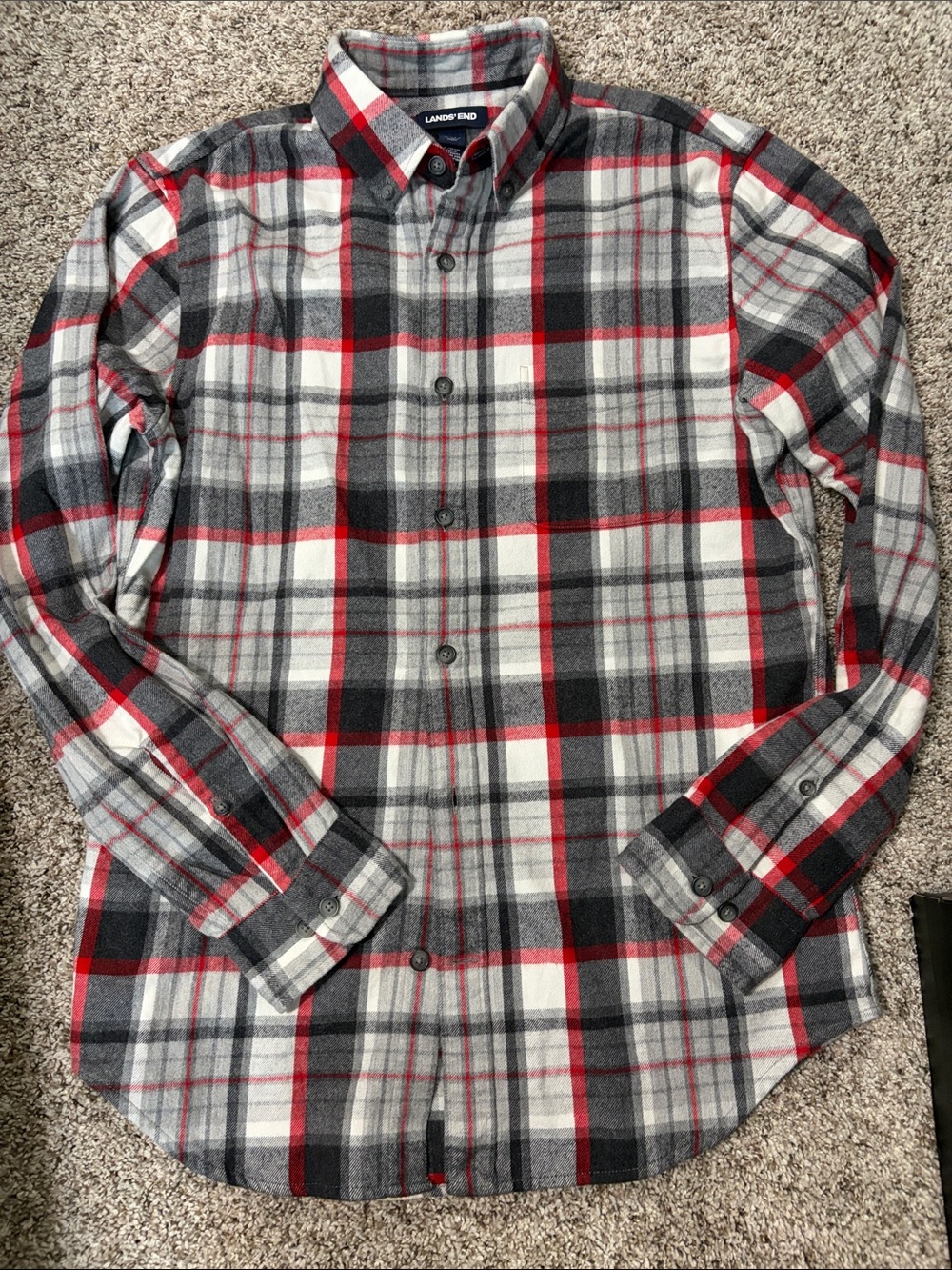 Lands' End Men's Red Black Gray Plaid Flannel Button-Down Shirt